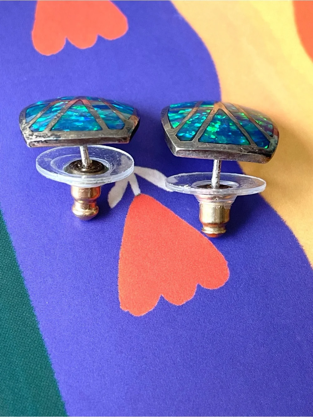 Vintage stamped sterling silver & blue green opal (?) inlay earrings